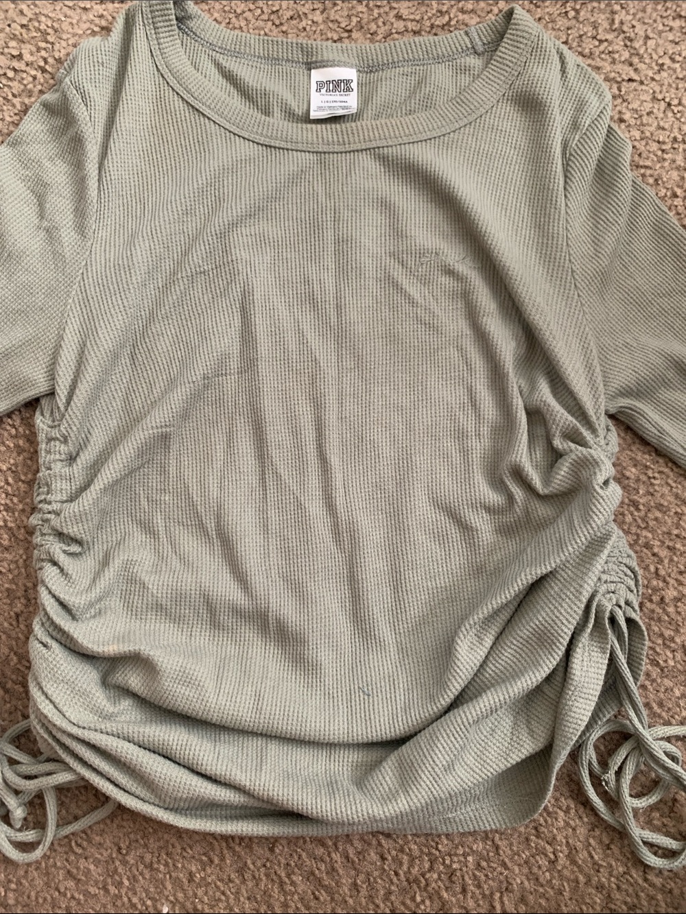 PINK Victoria's Secret Sage Green Waffle Knit Long Sleeve Top with Side Ruching